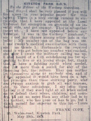 Frank Cope's letter to Worksop Guardian